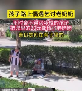 孩子路上偶遇乞讨老奶奶，平时舍不得买冰棍的孩子把兜里的20元都给了老奶奶